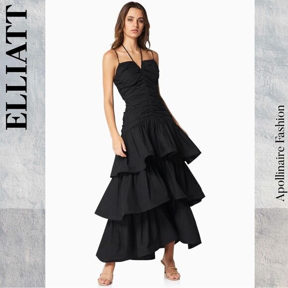 ELLIATT ASPEN MAXI DRESS IN BLACK MEDIUM NWT TIERED SLEEVELESS - Picture 3 of 7